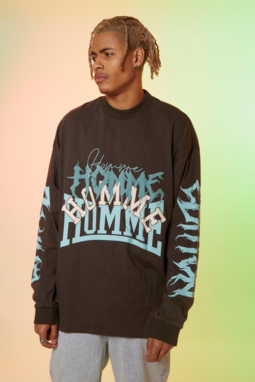 Tall Homme Oversized Långärmad T-Shirt Med Tryck, Brown