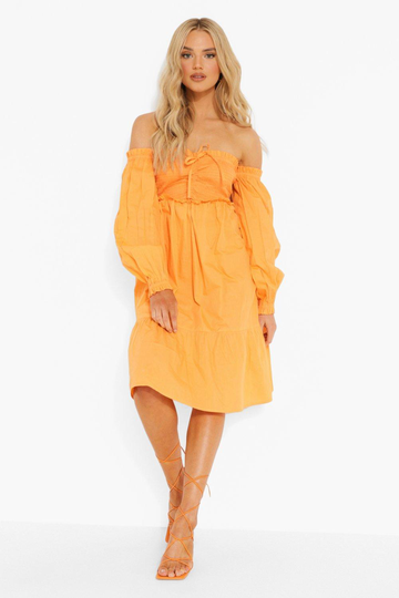 Midiklänning Med Fyrkantig Halsringning Och Smock, Orange