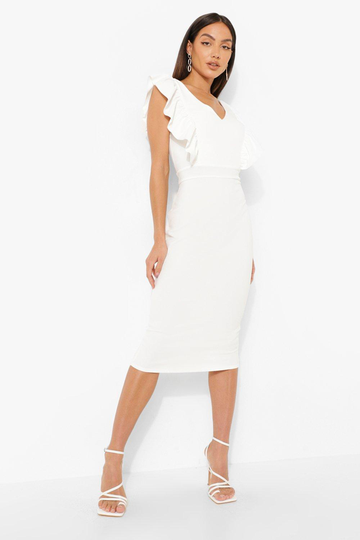 Bodyconklänning Med V-Ringning Och Volanger, White