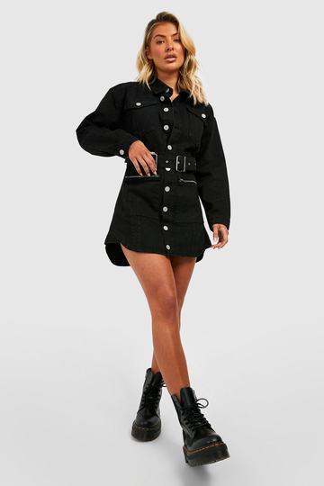 Oversized Jeansklänning Med Fickor, Black