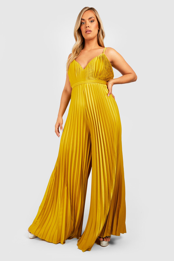 Plus - Plisserad Jumpsuit I Satin Med Vida Ben, Yellow