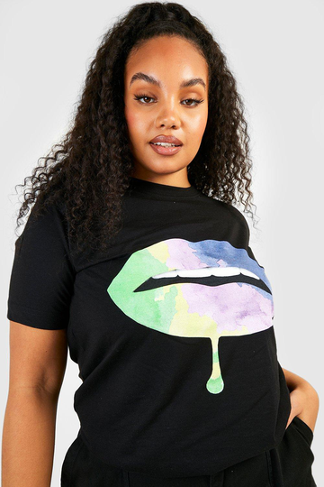 Plus T-Shirt Med Läppar I Regnbågsfärger, Black