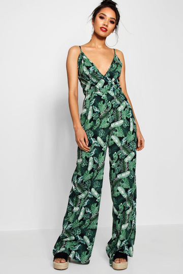Petite - Jumpsuit Med Omlottliv Och Palmmönster, Black
