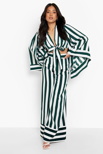 Petite Crop Top Med Vid Ärm Och Utsvängda Byxor, Green