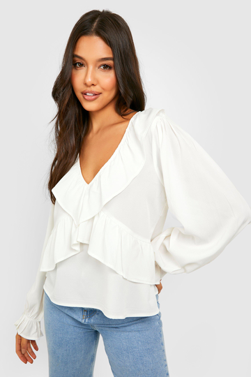 Blus Med Volymärm Och Volanger, White