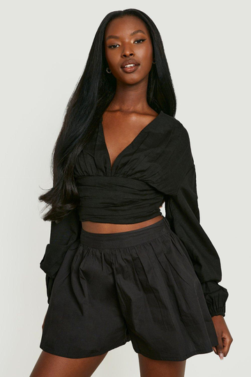 Crop Top I Linnetyg Med Veckad Midja Och Volymärm, Black