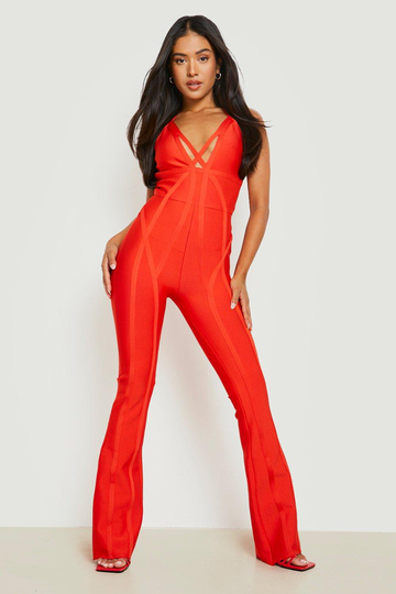 Petite Utsvängd Jumpsuit Med Låg Urringning, Red