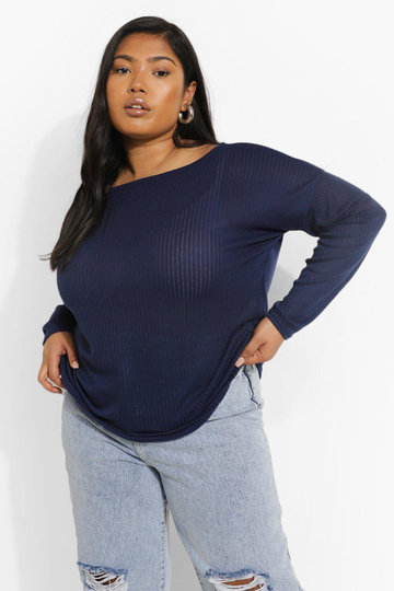 Plus - Långärmad Oversize T-Shirt I Ribbat Tyg, Blue