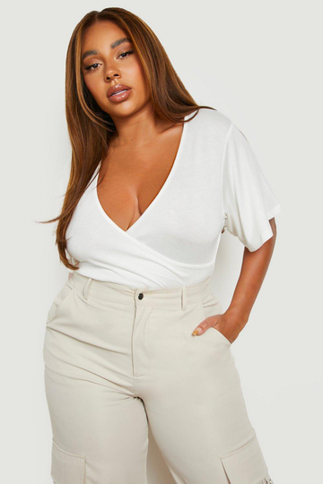 Plus - Kortärmad Body I Omlottmodell, White