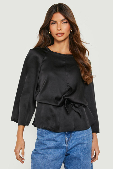 Blus Med Utsvängd Ärm Och Knytdetalj, Black