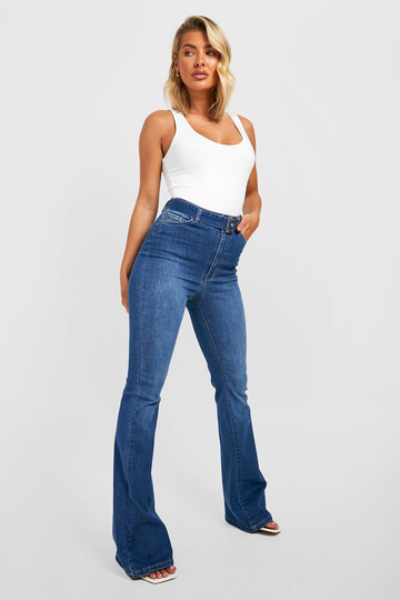 Utsvängda Jeans Med Hög Midja Och Bälte, Blue